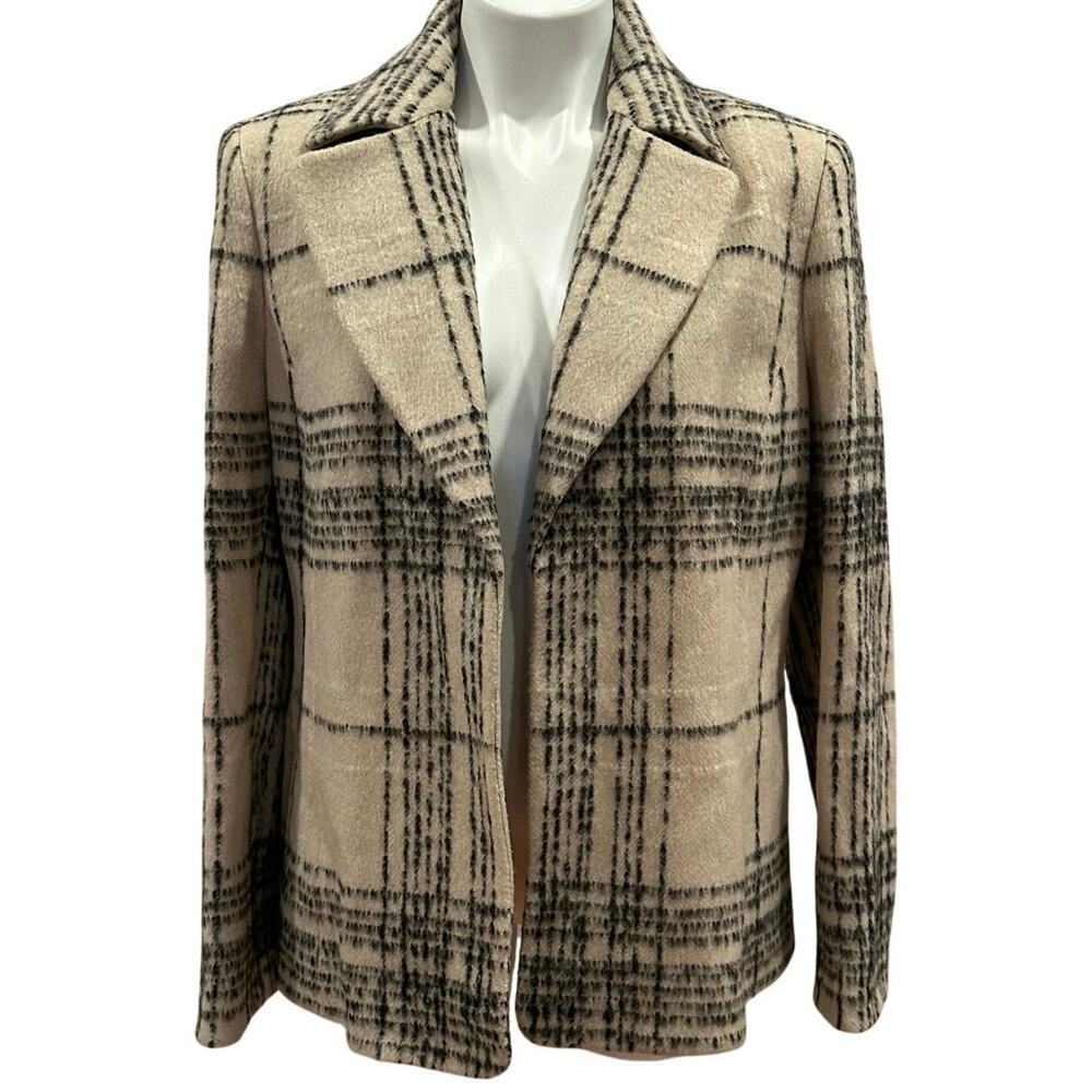 Ellen Tracy Women’s 12 Wool Angora Plaid Blazer Tan Black Lined Jacket